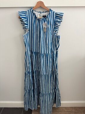 J. Crew Striped Tiered Dress Blue White Ruffle Sleeve Midi Poplin NWT Size M